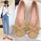 Women Flats Slip on Flat Shoes Round Toe Shallow Butterfly-knot Ballerina Slip on Loafers Faux Suede Lady Ballet Plus Size