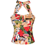 50s Halter Top Womens Party 1950s Shirts Sweetheart Ladies Floral Print Housewife Slim Fit Office Retro Pinup Blouse