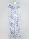 Floral Print Dress Sweet Square Neck Puff Sleeve Side Spilt Drawstring Maxi Dresses for Women Party Chic Casual