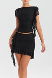 Mesh Ruffle Short Sleeve Top And Mini Skirt Set-Outfit
