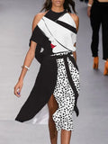 Women Commuter Patchwork Dot Leopard Printed Dress Sexy Halter Tie-Up Split Irregular Dress 2022 Fashion Off Shoulder Pary