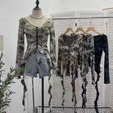Real Shooting Wasteland Hottie Make Old Hole Tie-Dye V-Neck Irregular Ribbon Long-Sleeved Top Short T-Shirt