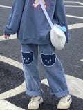 Harajuku Women Cute Hip Hop Bear Jeans Egirl Wide Leg Pants Straight Trousers Female High Waist Denim Baggy Kawaii
