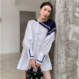Preppy Style Sailor Collar Long Button Up Baggy Shirt For Women White Black Long Sleeve Top Korean Fashion Blouse