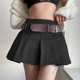 Casual Brown Pleated Mini Skirt Ladies High Waisted Short Skirts Womens with Belt Korean Fashion 90s Summer