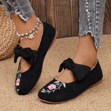 Embroidered Bow Flat Bottom Mary Jane Single Shoes Women's National Style Set Lightweight Work