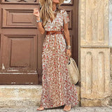 2020 Bohemian Summer Casual Belt Print Split Women's Dress Fashion Sexy Deep V Neck Short Sleeve Ladies Dresses
