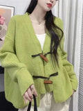 Zingj Style Lazy Wind Wooden Buckle Heavy Handmade Korean Version Large Size Knit Cardigan Female Loose Tassel Sweater Female Coat Tide-Outfit