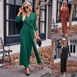 New 2025 Women's V-Neck Solid Color Kink Waist Long-Sleeved