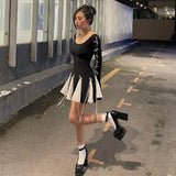 Black Long Sleeve White Frill Patchwork Bow Mini Dress-Outfit