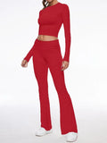 Long Sleeve Cropped Top Fold-over Flare Pants Set-Outfit