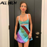 Vintage 90s Striped Patchwork Hollow Out Cami Dresses Aesthetics Cut Out A-line Mini Dress Summer Sexy Clubwear