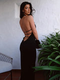 Black Halter Backless Maxi Dress With Back Straps-Outfit