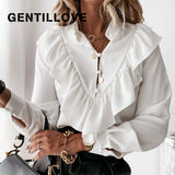 Leopard Dot Print Ruffle Blouse Shirt Spring Long Sleeve Women Shirts Elegant Office Lady V-Neck Button Loose Tops