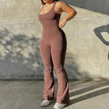 Hollow Backless Scrunch Gym Flare Jumpsuit Sport Casual Women One Piece Outfits Yoga Dance Jump Suit Black Fitness