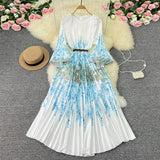 Zingj New Women's Dress Oversized Skirt Print Pleated Waist Lace Holiday