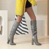 New Autumn Winter Zebra Print Women Boots Fashion Pleated Square High Heel Knee High Boots Ladies Slip On Pointed Toe