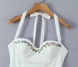White Halter Embroidery Solid Mini Dress- Outfit