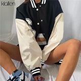 Autumn Casual Loose PU Leather Patchwork Letter Single Breasted Coat For Women 2021 New Street Sportswear Jacket