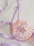 Ribbon Tie Up Embroidery Flower Half Cup Lingerie Set- Outfit