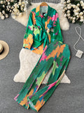 Female Fashion Print Two Pieces Suits Bow Bandage Long Sleeve Tops+Casual Wide Leg Pants Streetwear Autumn Retro