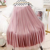 Both Sides Wear Pearls Mesh Skirt Women 2025 Summer Velvet High Waist Long Skirts Woman Solid Color A Line Pleated Skirts 211-1-Outfit