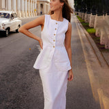Zingj New White Square Collar Sleeveless Vest High-Waisted Skirt High Sense Suit Fashion Women's Wear-Outfit