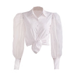 Blouse Women Patchwork Puff Long Sleeve Elegant Ladies White Shirt Fashion Designed Organza Transparent