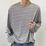 Men's Autumn New Lazy Ins Literature And Art Simple Loose Haired Round-Neck Striped Long-Sleeved T-Shirt Popular