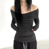Large Round Collar Out-To-Shoulder T-Shirt 2025 Early Autumn New Hottie Thin Striped Top Knitted