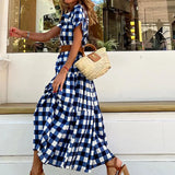 Spot 2025 Summer New Fashion Stand Collar Short Sleeve Bohemian Medium Long Plaid