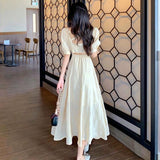 Women Yellow Sweet Square Collar Female Lovely Back Hollow Out Vintage Elegant Puff Sleeve A-line Two-length Girls