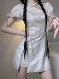 Harajuku Cheongsam Dress Women Sweet Floral Bow Bandage Lolita Dresses Y2k Sexy Aesthetic Puff Sleeve Vestido