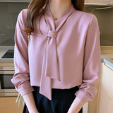 Spring New Fashion Chiffon Women Blouse Office Lady Long Sleeve Solid Women Shirts with Tie V Neck Loose Female