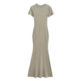 Zingj Trendy Women's Dress Sexy High Waist Hip Fishtail Skirt Temperament Solid Color Short-Sleeved Round-Neck Dress Long