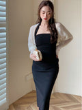 Halter Midi Dress For Women Elegant Bodycon Chic Ladies Solid Strapless Clothing Femme Fashion