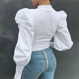 OL Women Ladies Long Puff Sleeve Blouse Spring Fall Fashion Elegant Shirts Top Solid Color Female Mujeres Blusas