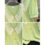Embroidered Doll Collar Blouses Women Short Sleeve Lace Shirt Tops 2023 Lady Korean Vintage Elegant Chiffon Clothes