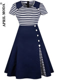 Striped Vintage Summer Flare Tunic Dress High Waist Buttons Short Sleeve Women Clothing Patchwork 60s Rockabilly