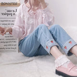 Women Strawberry Printed Patchwork Harajuku Elastic High Waist Ankle-length Jean Femme Womens Korean Style Kawaii