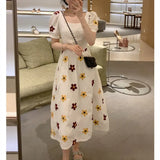 Vintage Embroidery Sun Floral Midi Dress Women Elegant Puff Sleeve O Neck Clothes
