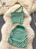 Women Summer Plaid Knit Set 2022 Retro Casual Vacation Elastic Waist Fashion Temperament A Line Mini Two Piece