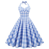 Summer Holiday Women Party Dress Blue Plaid Printed Spaghetti Strap Sundress A Line Swing Rockabilly Retro Vintage