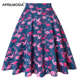 Women Retro Pleated Skirts 50s Kawai Vintage Rockabilly Swing Flamingo Printed High Waist Casual Tutu Summer Skater
