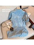 New Summer Women Polo Neck Blue Denim Single-breasted Dress Sweet Floral Print Design Short Sleeve Korean Fashion Mini