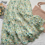 Sweet Floral Pleated Skirt Women Korean Elegant Elastic High Waist Chiffon Midi Skirt Female Harajuku A-Line