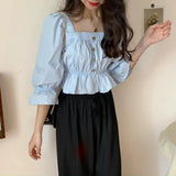 Women New Fashion Summer Blouses Ruffles Square Collar Corp Top Novelty Womens Pure Sweet Elegant Trendy Pleated