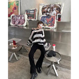Vintage Sweater Women Striped Long Sleeve Hollow Out Hole Broken Jumper Loose White Black Y2K Streetwear