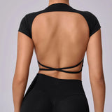 Zingj Back Sports Short Sleeves Removable Chest Cushion Cross Back Clothes Can Wear Fitness Yoga Short Sleeves Women-Outfit