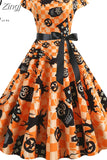 Women Short Sleeve Print Vintage Halloween Party Midi 50s 60s Casual Elegant Summer Floral Dresses Robe Femme